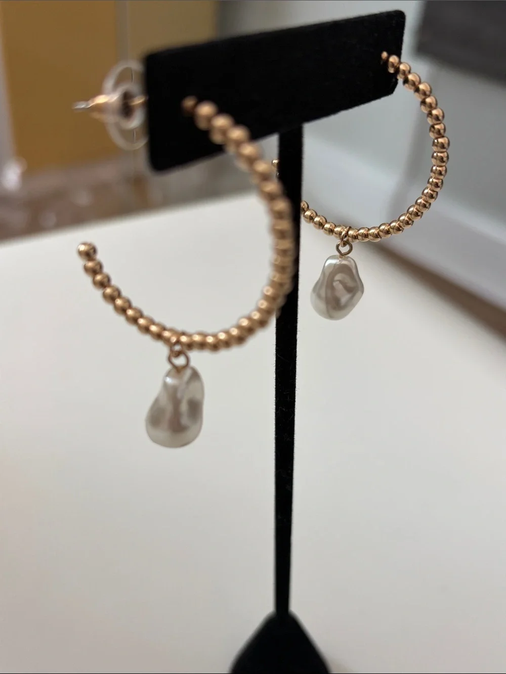 Gold Beaded Hoop Earrings with Cream Baroque Pearl Drops